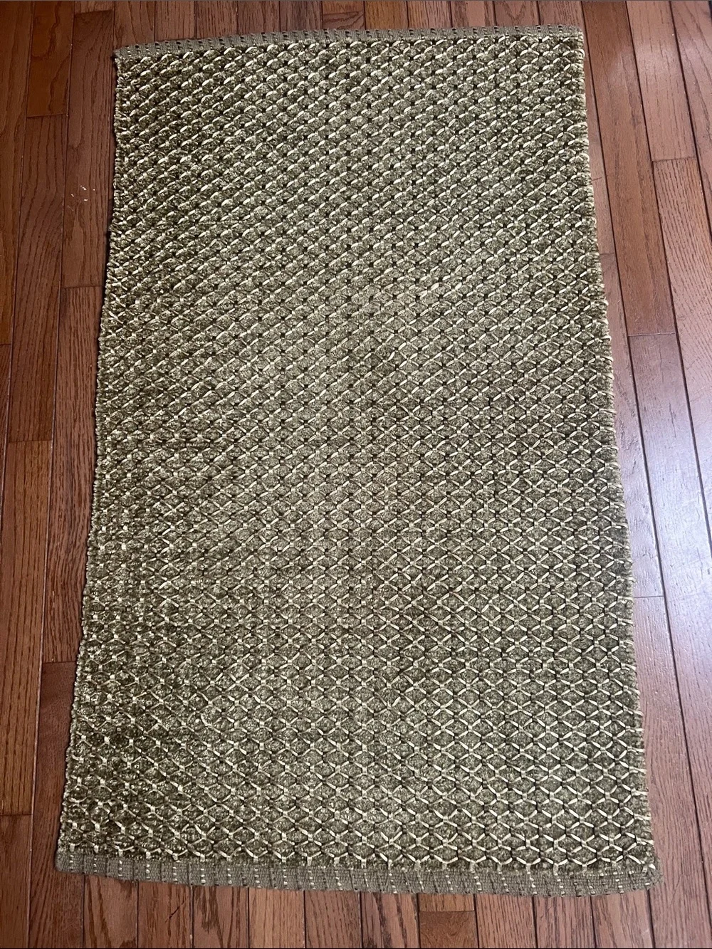 Two Neutral Accent Rugs Woven Classic Gold Green Diamond Pattern 24”x40”